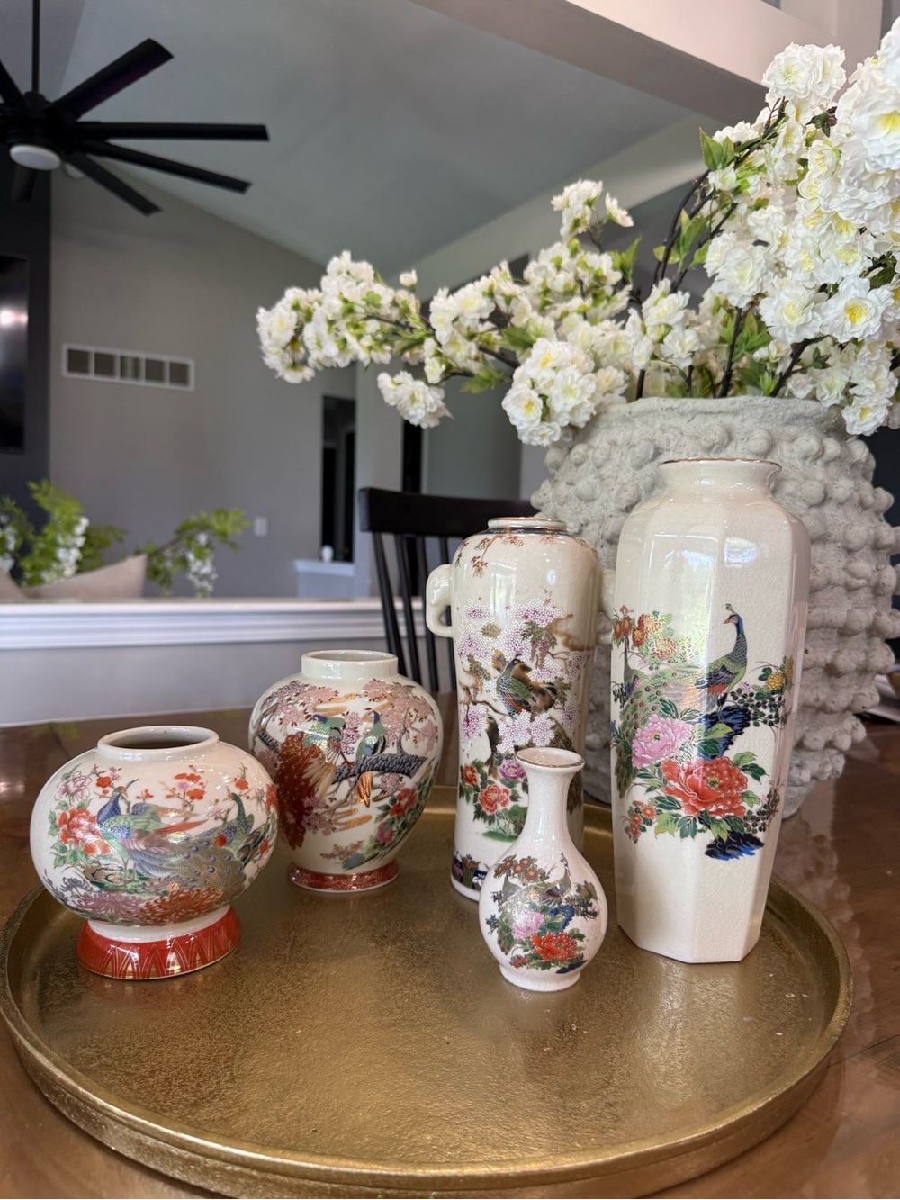 Vintage-Inspired Ceramic Floral & Peacock Vase Set - Cream